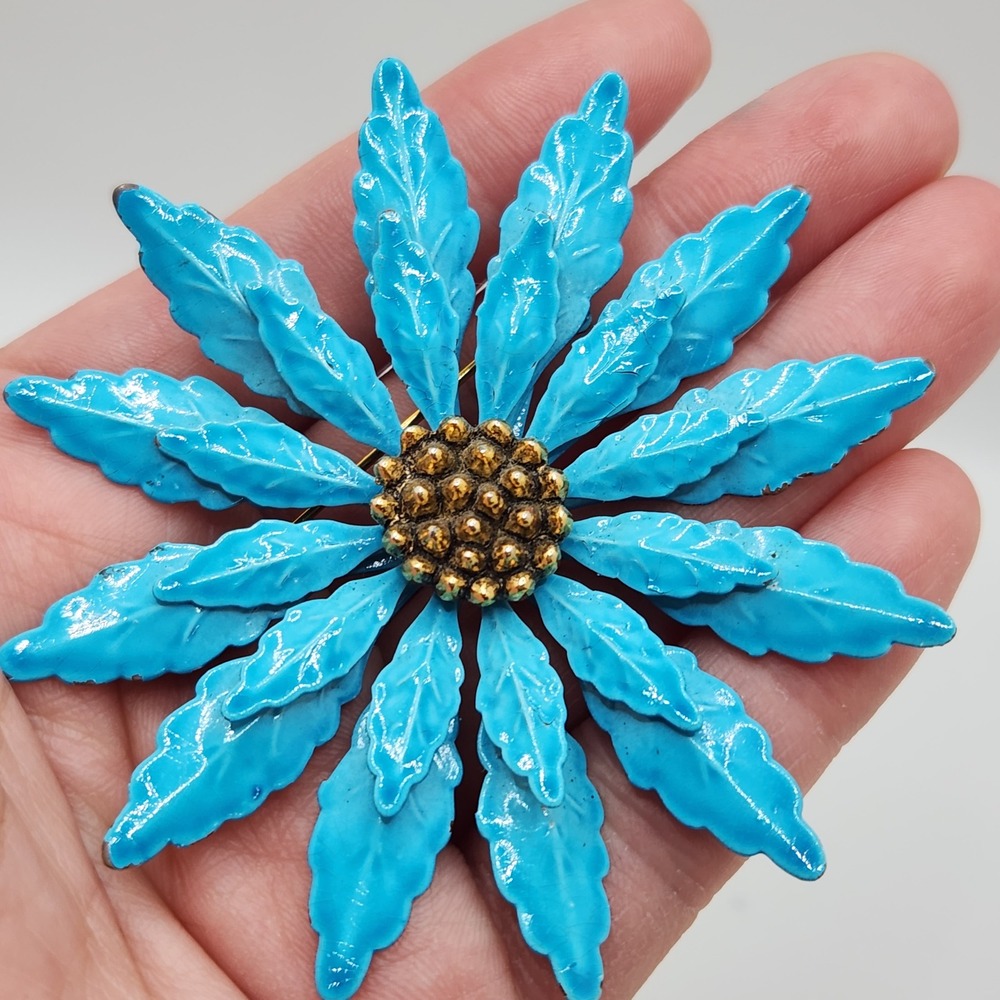 Vintage 1950s Blue Enamel Flower Brooch Pin Large Turquoise Floral Mod Pop Art